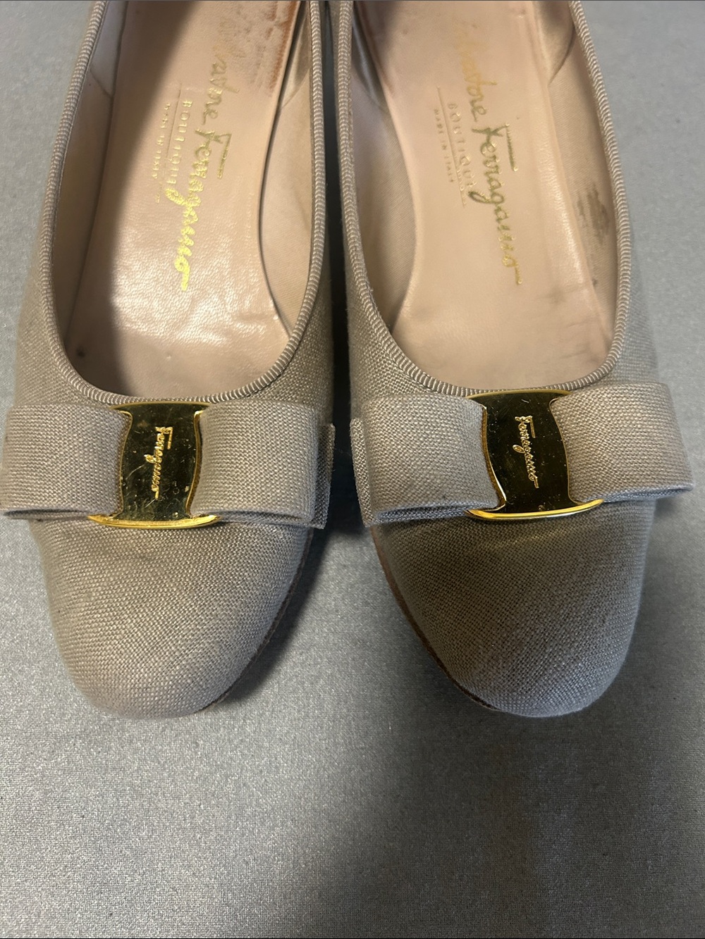 Salvatore Ferragamo Light Beige Canvas Vara Bow Flats with Gold Plaque